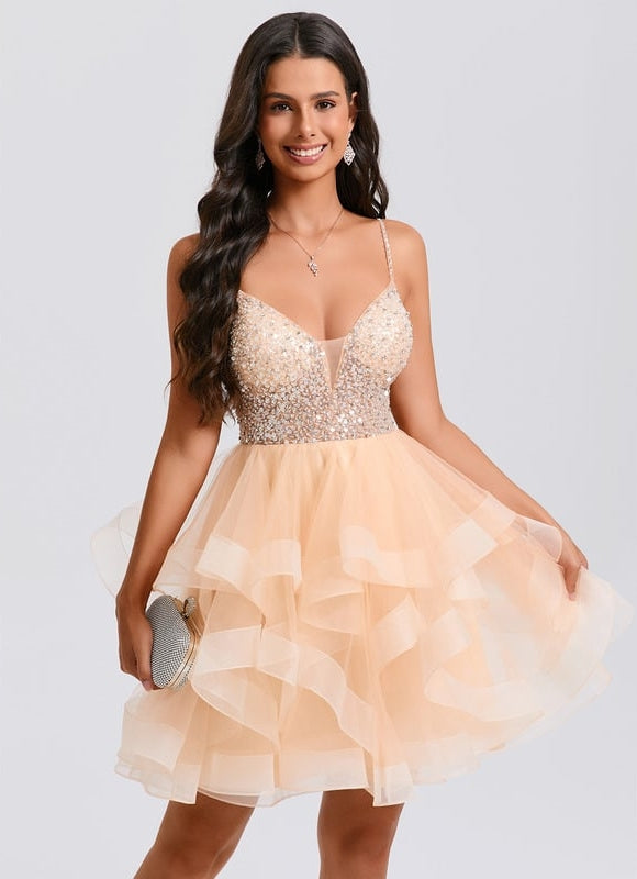 Princesse col v court tulle robe de bal de promo avec perles paillettes - gallery 1