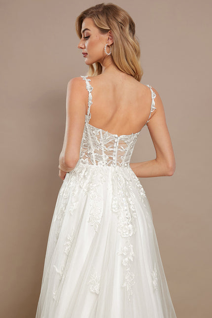 Princesse col carré traîne balayage tulle dentelle robe de mariée - gallery 5
