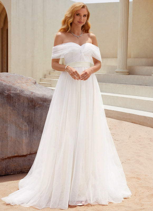Princesse épaule dénudée traîne balayage tulle robe de mariée - gallery 1