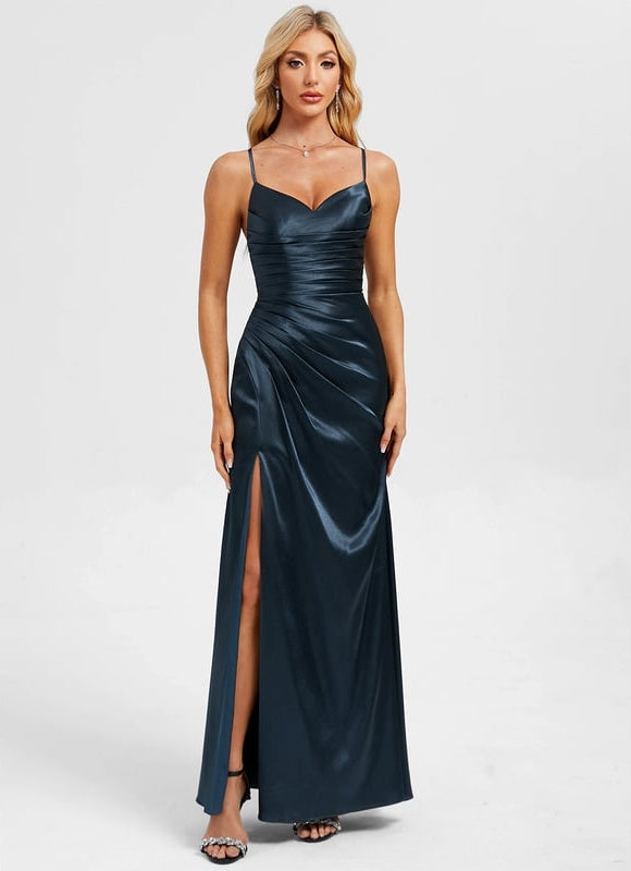 Fourreau col v longueur ras du sol satin extensible robe de bal avec plissée