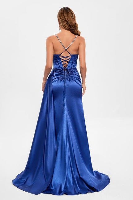 Sirène col droit traîne balayage satin extensible robe de bal avec strass - gallery 1