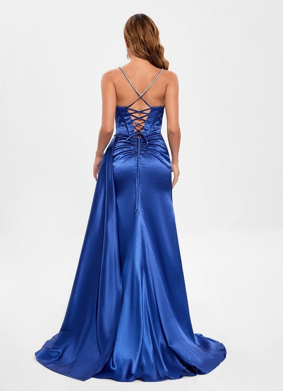 Sirène col droit traîne balayage satin extensible robe de bal avec strass - gallery 1