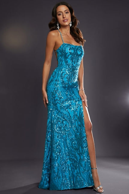 Fourreau col carré longueur ras du sol paillette robe de bal avec paillettes - gallery 5