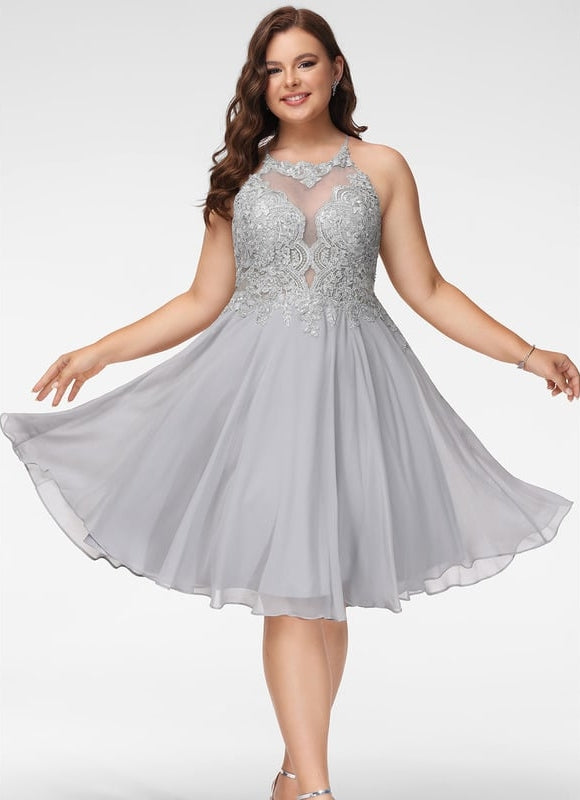 Trapèze col rond longueur genou dentelle mousseline robe de bal de promo avec paillettes - gallery 5