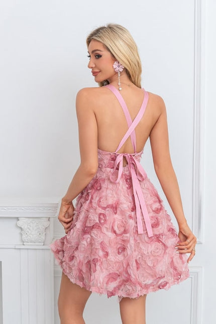 Trapèze col v mini tulle robe de bal de promo avec fleurs - gallery 2