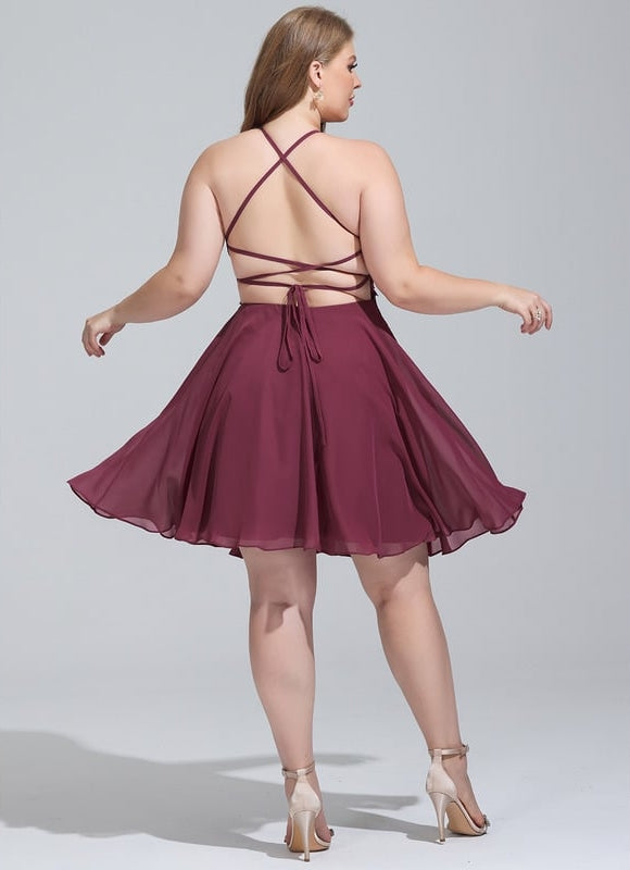 Trapèze col rond longueur genou mousseline robe de bal de promo avec perles - gallery 7