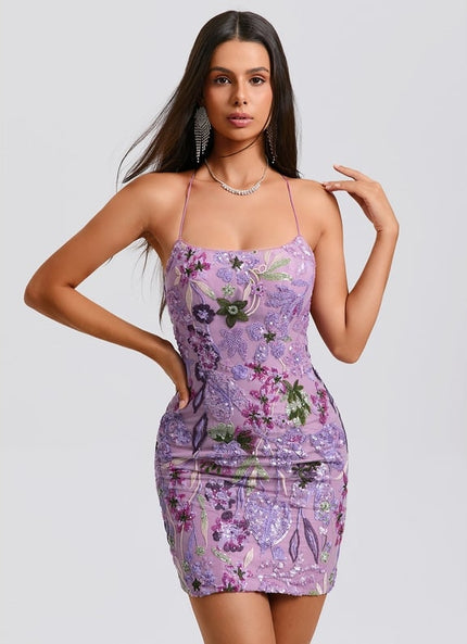 Moulante col rond mini dentelle floral robe de bal de promo avec paillettes broderie