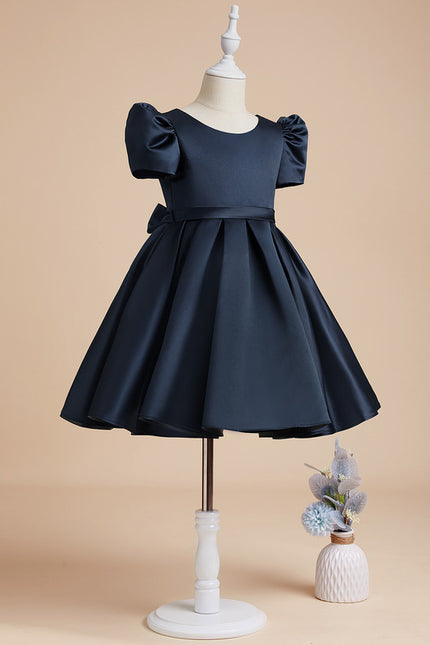 Trapèze col rond longueur genou satin robes fille mariage - gallery 1