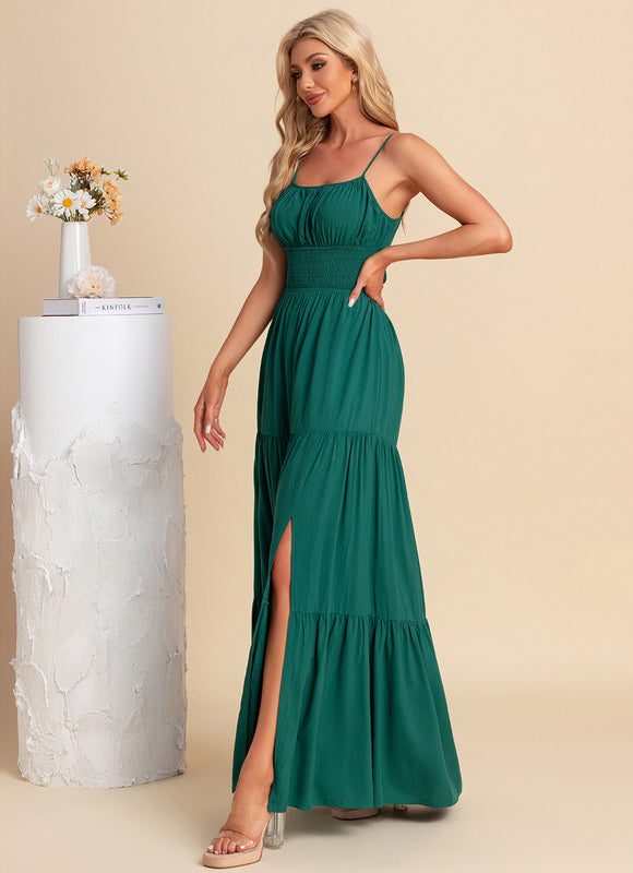 Robe plissée col carré trapèze polyester maxi - gallery 3