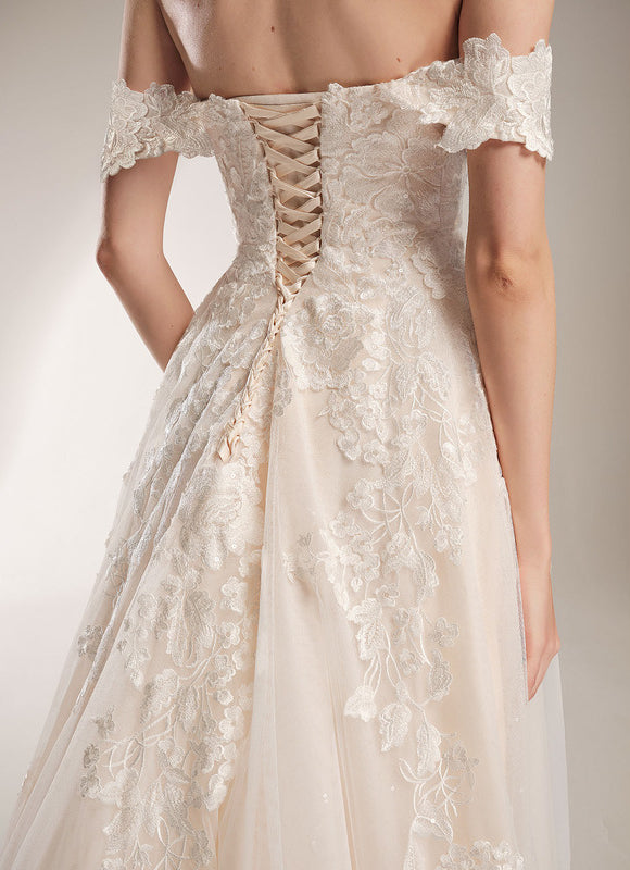 Princesse épaule dénudée traîne balayage tulle dentelle robe de mariée - gallery 2