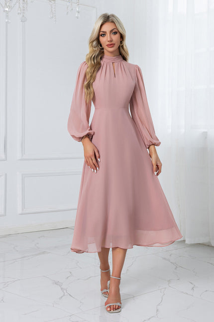Robe col montant trapèze mousseline midi - gallery 5