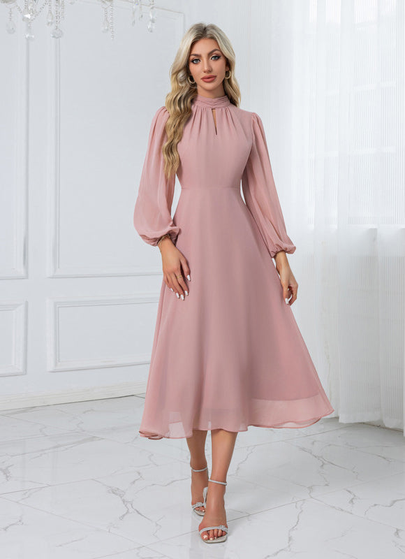 Robe col montant trapèze mousseline midi - gallery 5