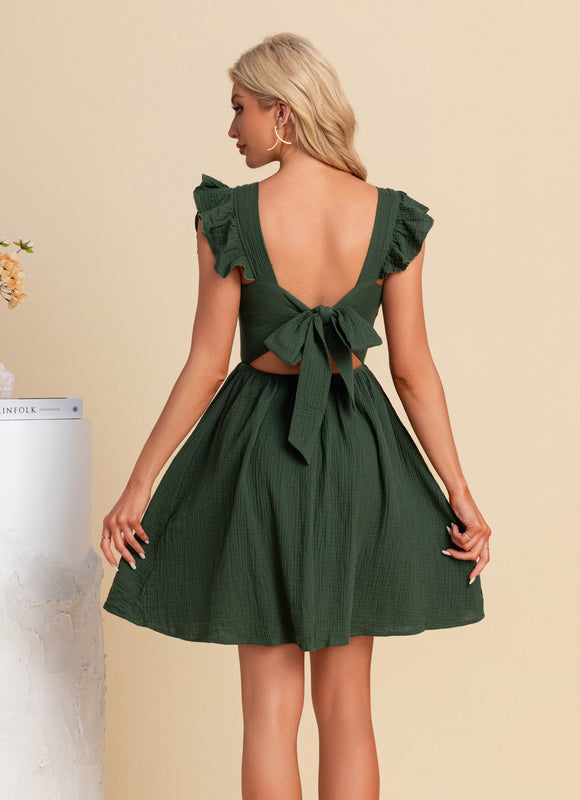 Robe nœud col v trapèze mélanges de coton mini - gallery 3