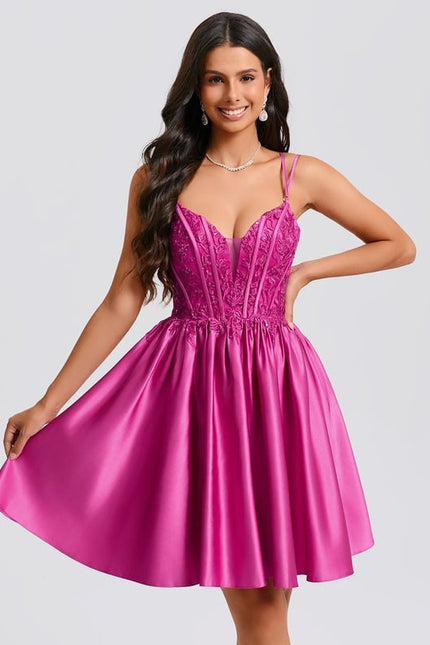 Princesse col v court satin robe de bal de promo avec paillettes - gallery 2