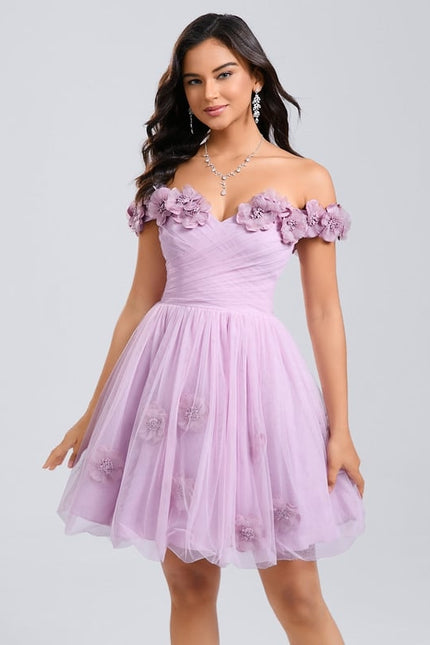 Princesse épaule dénudée court tulle robe de bal de promo avec plissée fleurs - gallery 2