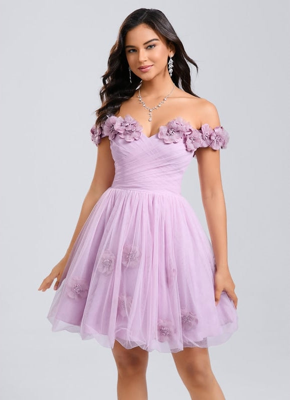 Princesse épaule dénudée court tulle robe de bal de promo avec plissée fleurs - gallery 2