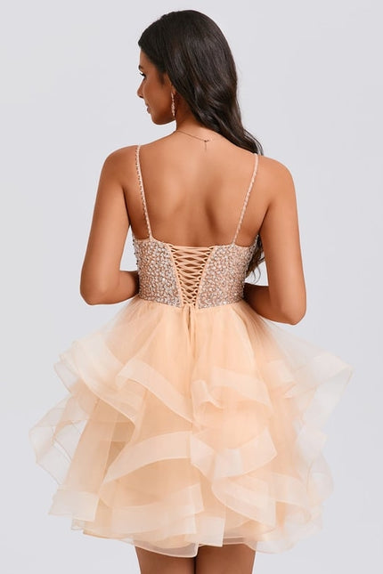Princesse col v court tulle robe de bal de promo avec perles paillettes - gallery 4