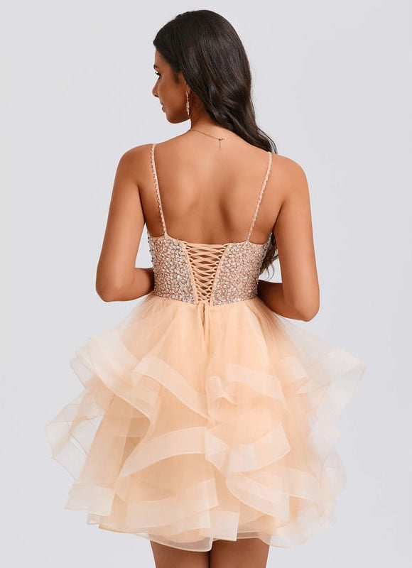 Princesse col v court tulle robe de bal de promo avec perles paillettes - gallery 4
