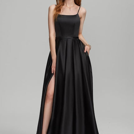 Trapèze col carré longueur ras du sol satin robe de demoiselle d'honneur