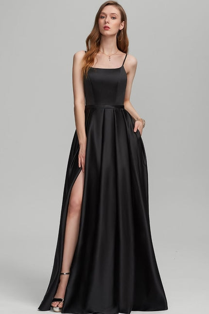 Trapèze col carré longueur ras du sol satin robe de demoiselle d'honneur