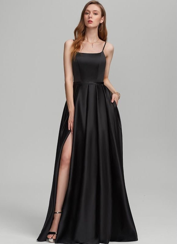 Trapèze col carré longueur ras du sol satin robe de demoiselle d'honneur