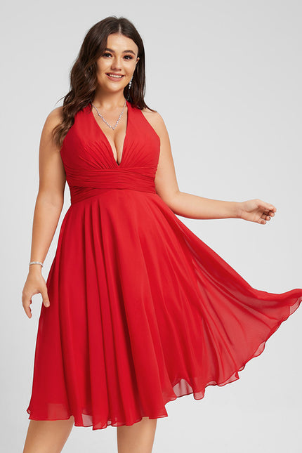 Trapèze col v longueur genou mousseline robe de cocktail avec nœud à volants - gallery 4