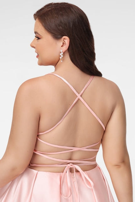 Trapèze col carré court satin robe de bal de promo - gallery 6