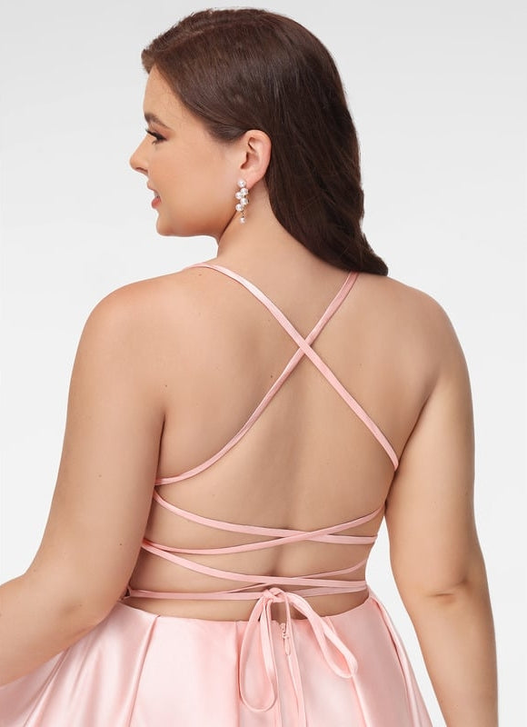 Trapèze col carré court satin robe de bal de promo - gallery 6
