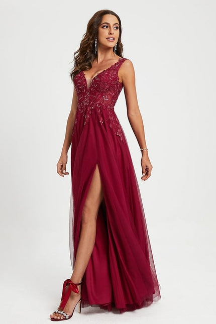 Princesse col v longueur ras du sol tulle dentelle robe de bal avec paillettes - gallery 2