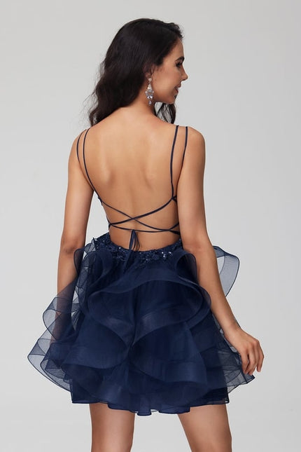 Princesse col rond court tulle dentelle robe de bal de promo avec paillettes - gallery 5