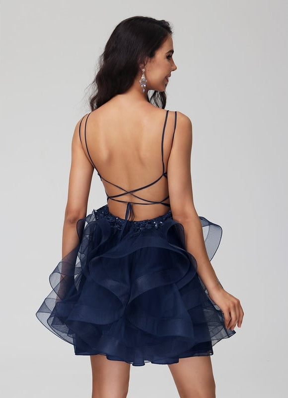 Princesse col rond court tulle dentelle robe de bal de promo avec paillettes - gallery 5