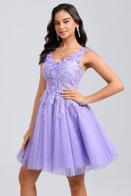 Princesse col v court dentelle tulle robe de bal de promo avec fleurs - gallery 2