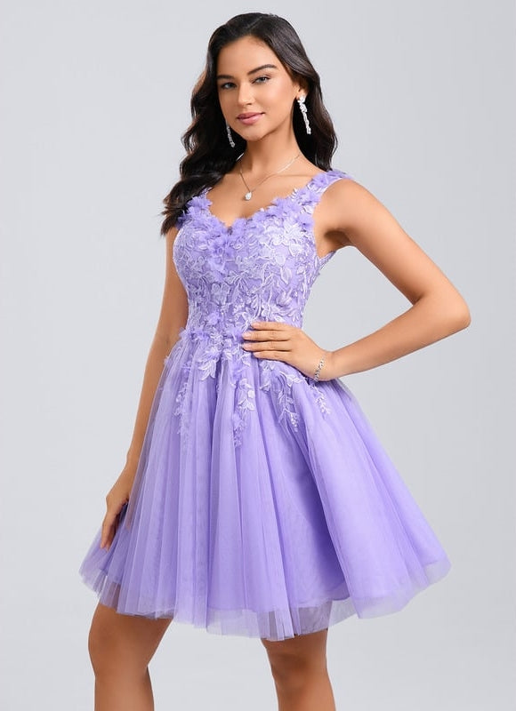 Princesse col v court dentelle tulle robe de bal de promo avec fleurs - gallery 2