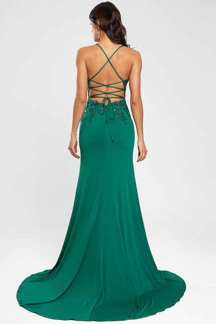 Sirène col v traîne balayage jersey robe de bal avec paillettes - gallery 5