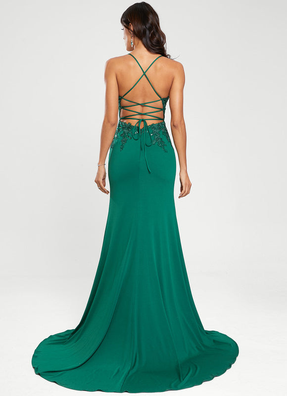 Sirène col v traîne balayage jersey robe de bal avec paillettes - gallery 5