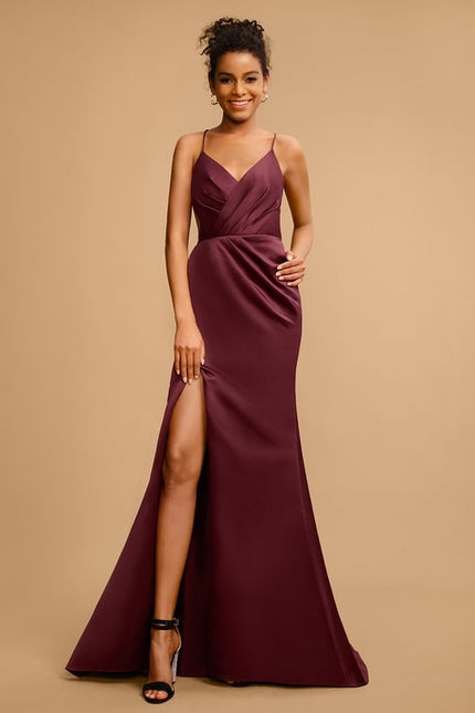 Fourreau col v traîne balayage satin robe de bal avec plissée - gallery 2