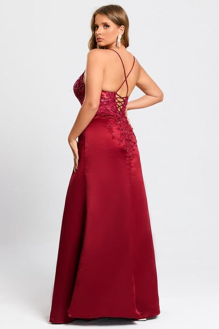 Fourreau col v longueur ras du sol satin robe de bal avec paillettes - gallery 8