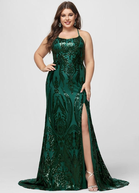 Sirène col rond traîne balayage paillette robe de bal avec paillettes - gallery 8