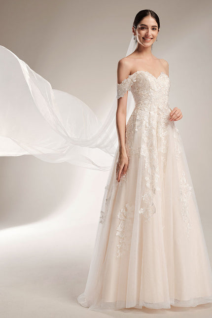 Princesse épaule dénudée traîne balayage tulle dentelle robe de mariée