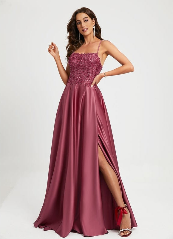 Trapèze col carré traîne balayage satin robe de bal avec strass - gallery 4
