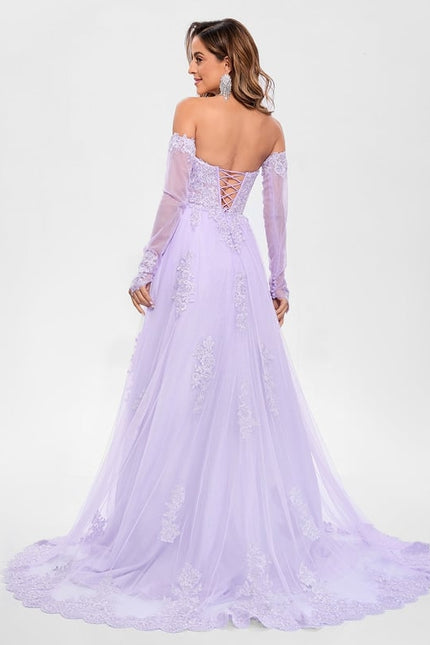 Trapèze col cœur traîne balayage tulle robe de bal avec paillettes appliques de dentelle - gallery 1