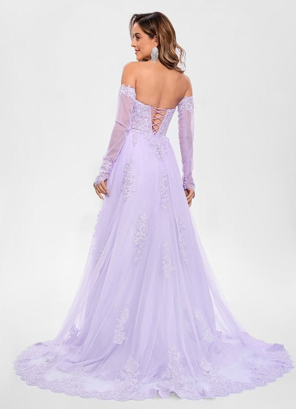 Trapèze col cœur traîne balayage tulle robe de bal avec paillettes appliques de dentelle - gallery 1