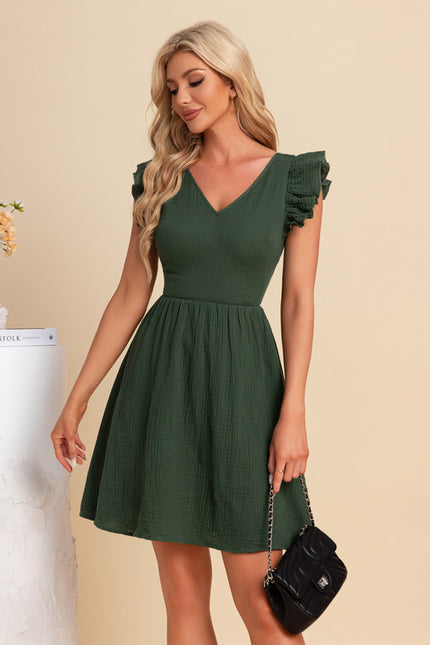 Robe nœud col v trapèze mélanges de coton mini - gallery 1