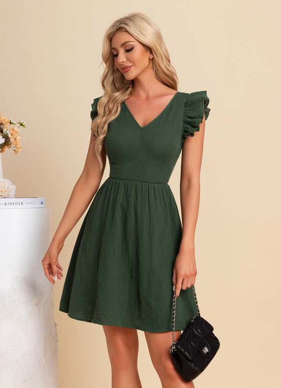 Robe nœud col v trapèze mélanges de coton mini - gallery 1
