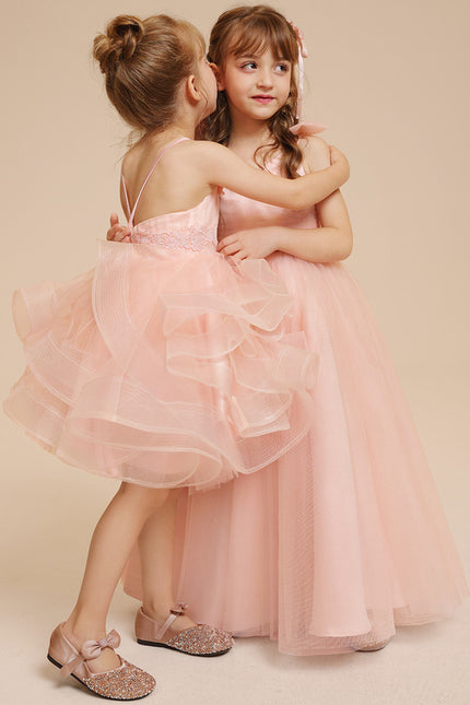 Princesse col rond longueur genou tulle robes fille mariage avec motif floral 3d - gallery 6