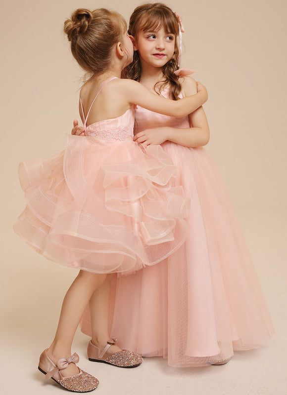 Princesse col rond longueur genou tulle robes fille mariage avec motif floral 3d - gallery 6