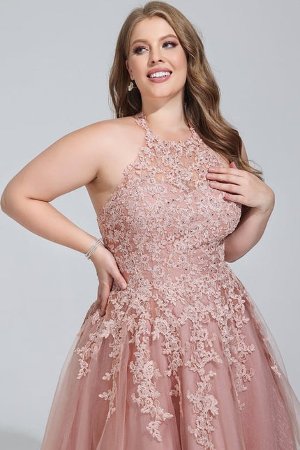 Trapèze col rond longueur genou tulle dentelle robe de bal de promo - gallery 9