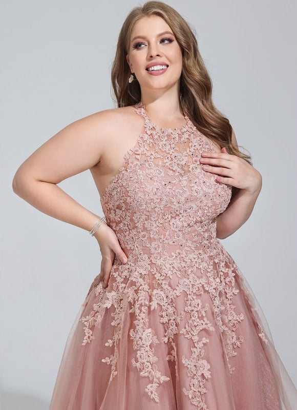 Trapèze col rond longueur genou tulle dentelle robe de bal de promo - gallery 9