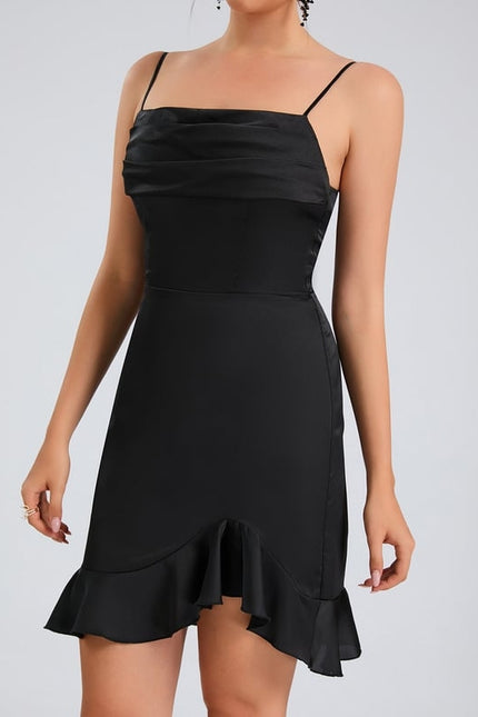 Fourreau col droit court satin de soie robe de bal de promo avec à volants - gallery 6