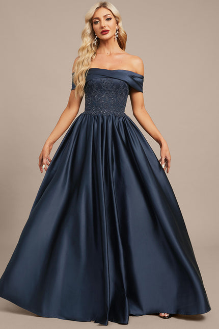 Trapèze épaule dénudée longueur ras du sol satin dentelle robe de soirée avec plissée paillettes - gallery 2